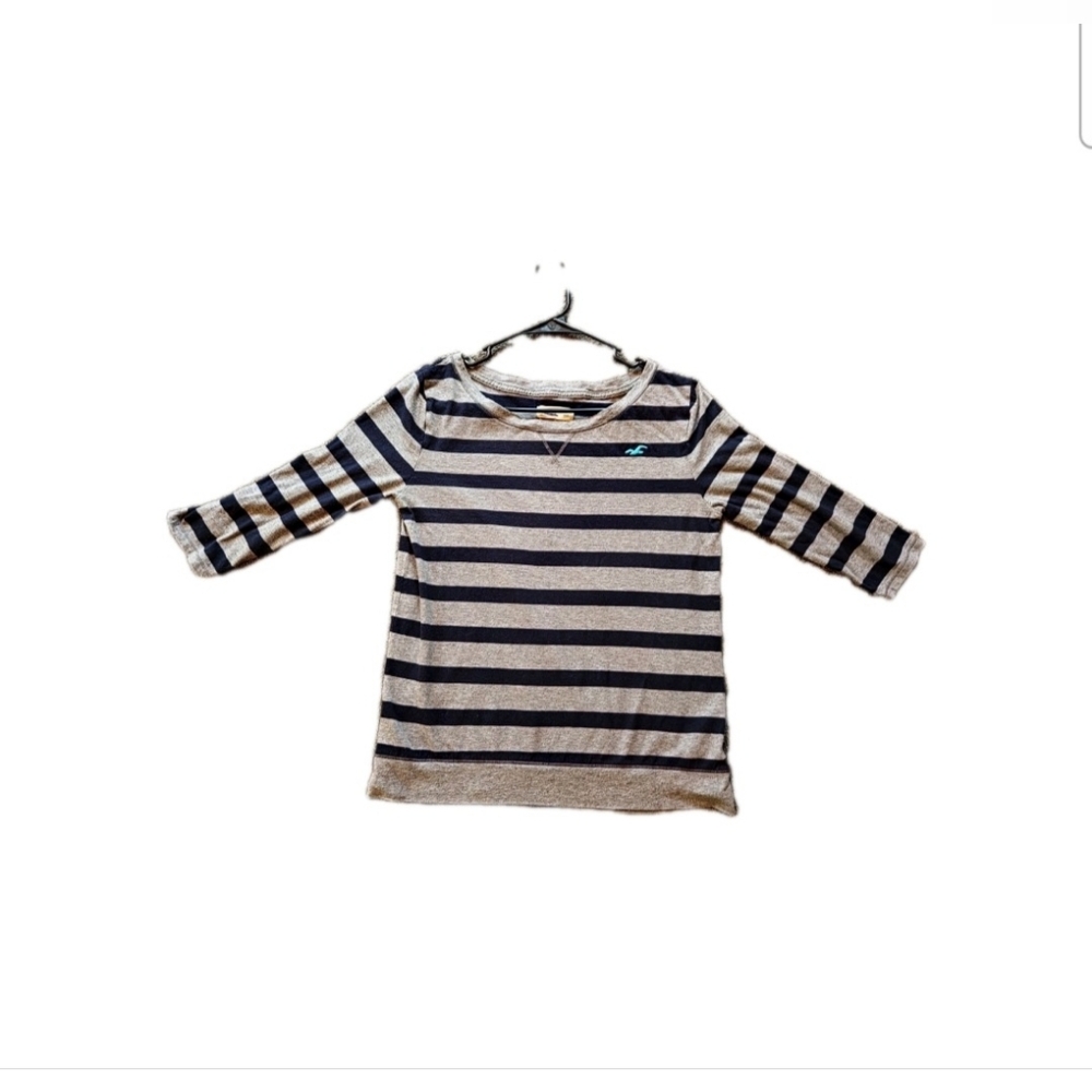 Y2K Hollister Womens Striped V Long Sleeve T Shirt Gray & Black‎ Preppy Medium